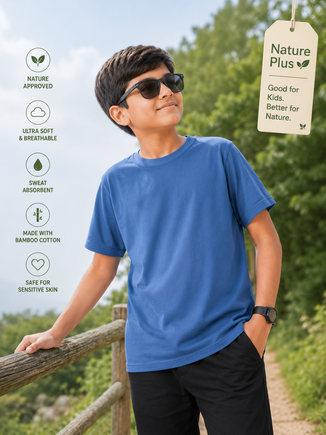Nature Plus Kid's Lightweight Sea Blue Bamboo Half Sleeve T-Shirts Made for Indian Summers